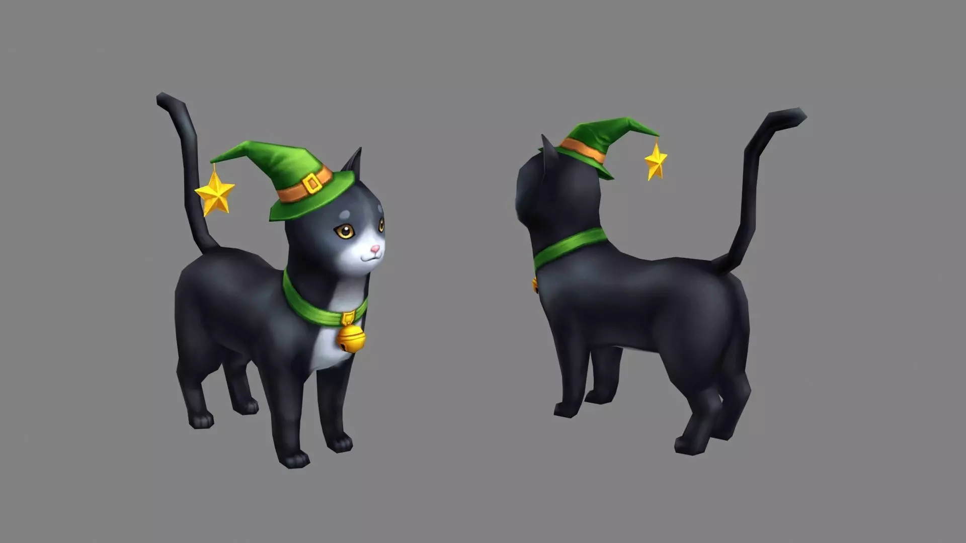 Cartoon black cat wearing wizard hat Low-poly 3D model_0