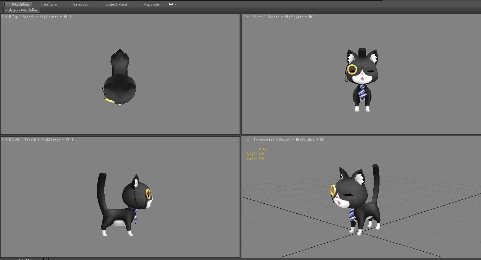 Cartoon black cat with glasses Low-poly 3D model_4