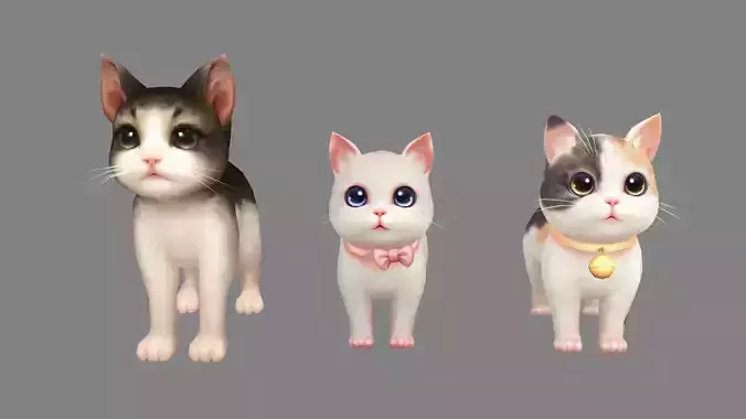 Cartoon three fat cats - pink female cat Low-poly 3D model