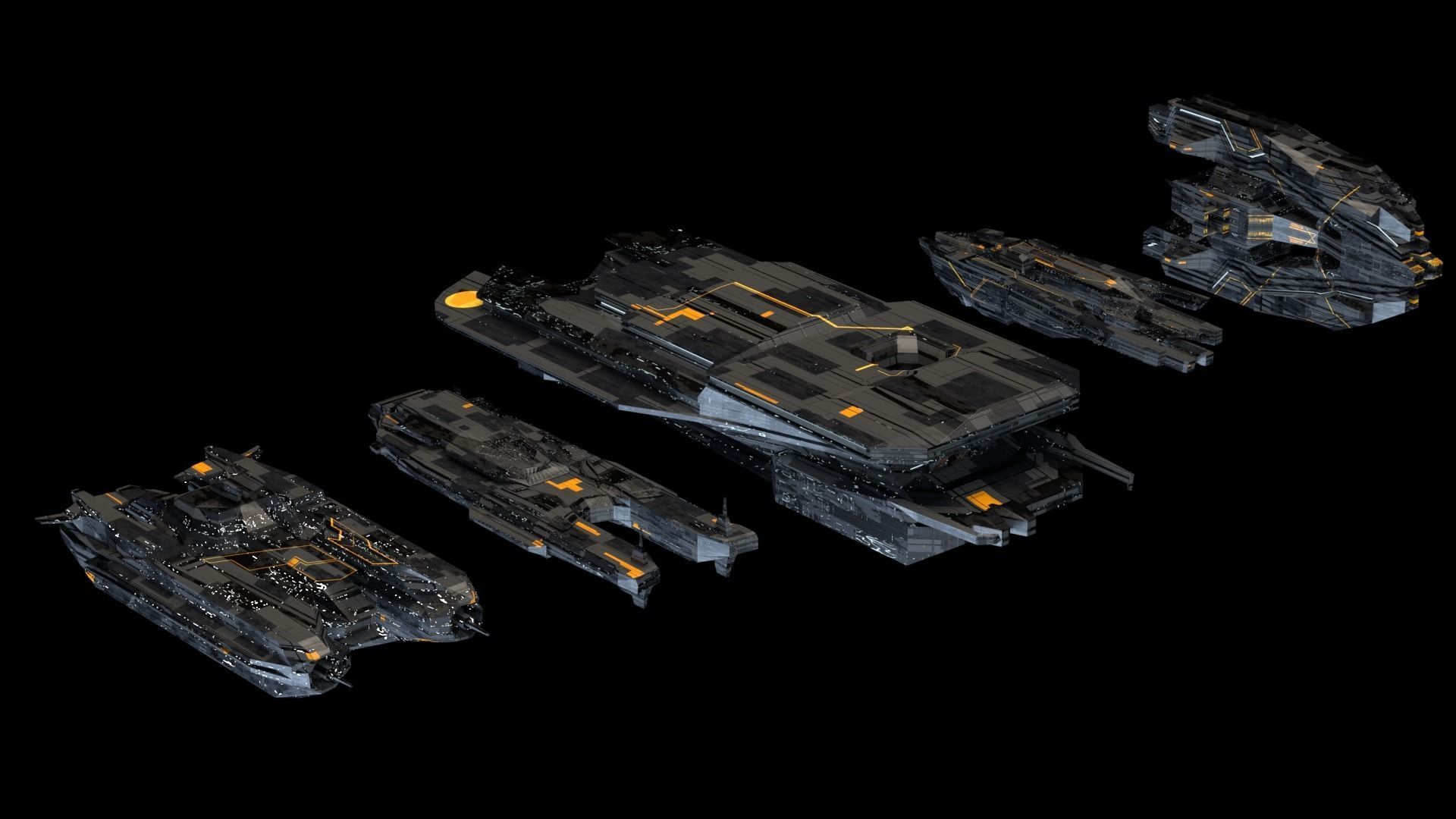 Spaceship fleet 3D asset pack Low-poly 3D model_1