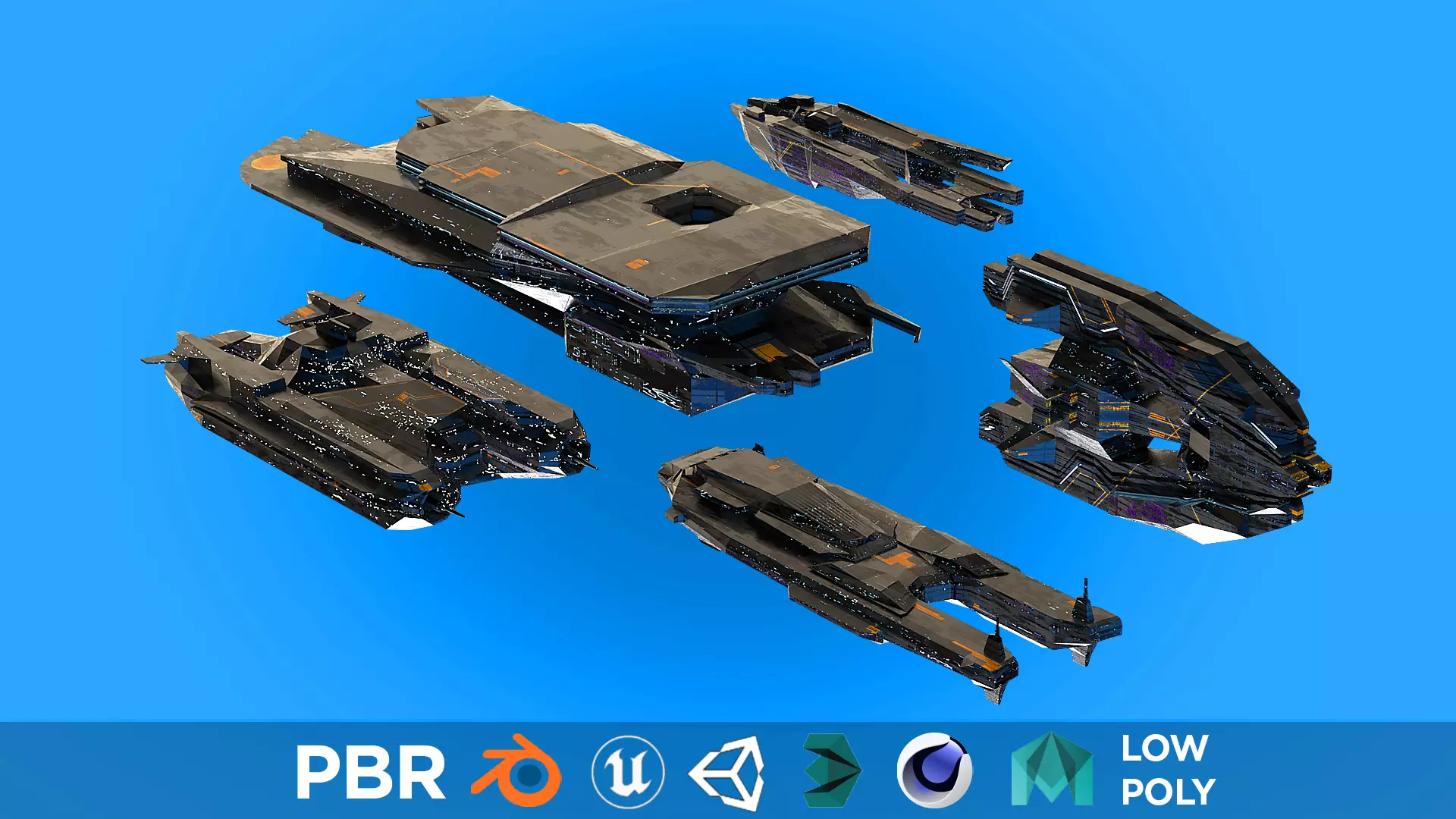 Spaceship fleet 3D asset pack Low-poly 3D model_0