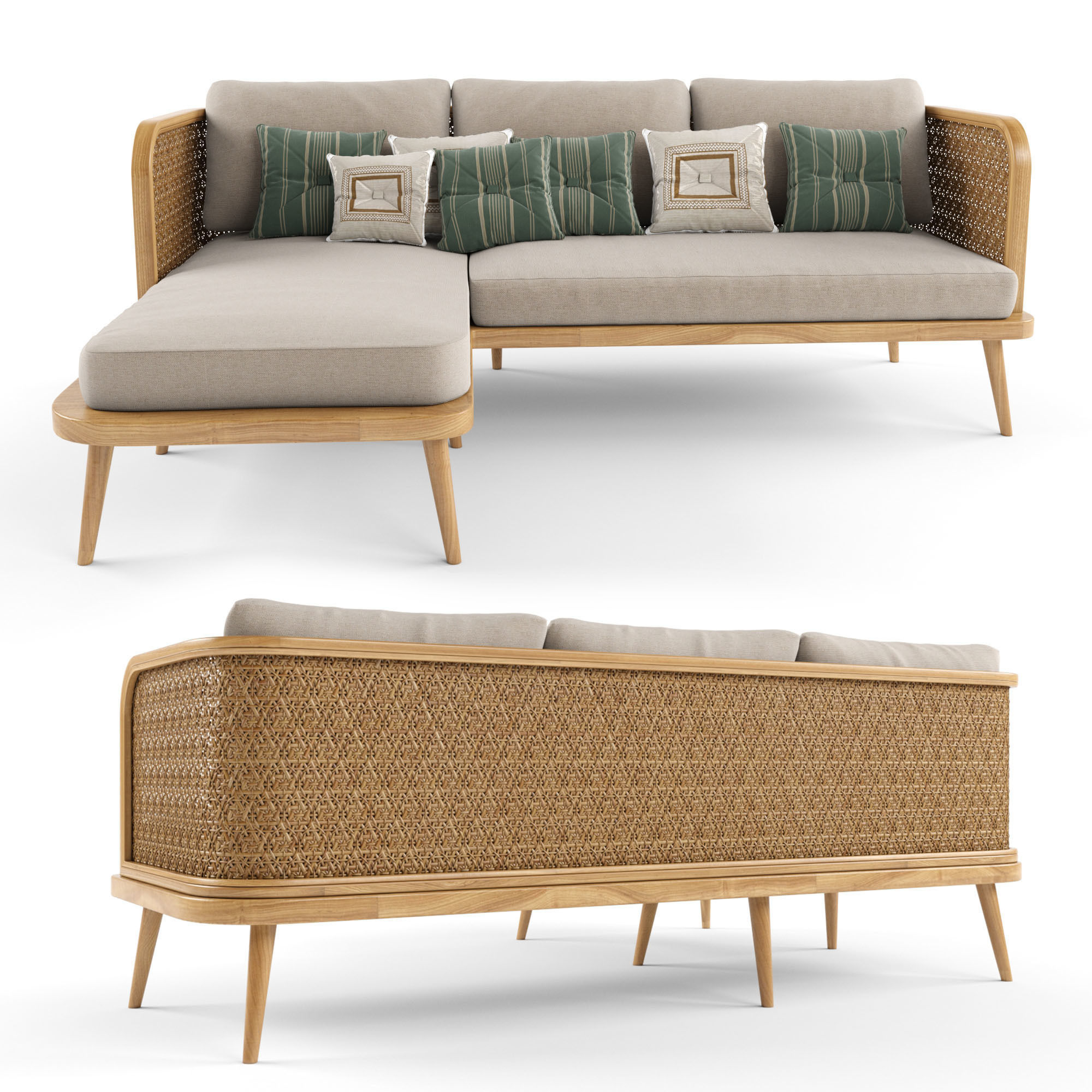 3-seat modular sofa outdoor rattan wood With Chair Lounge 3D model_9