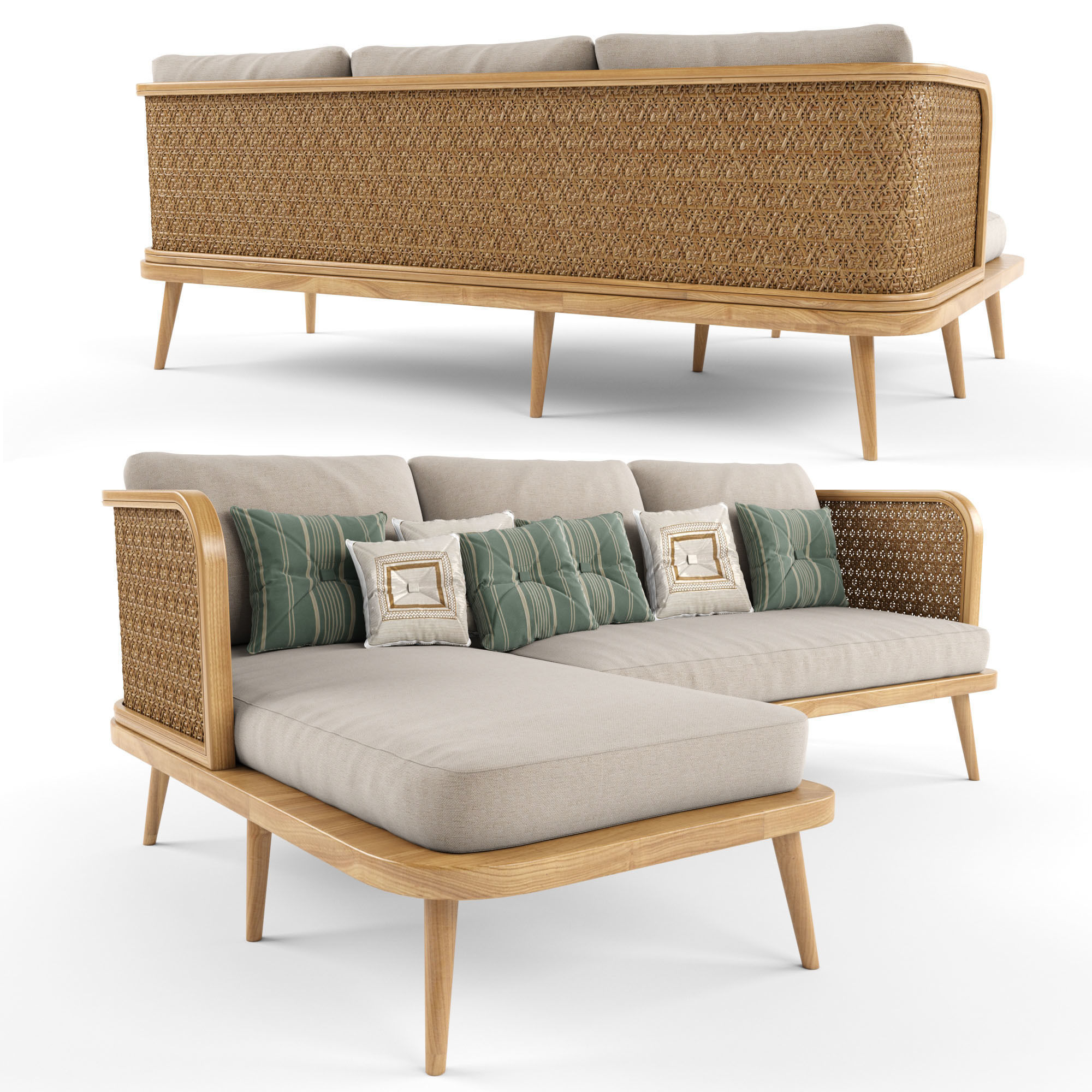 3-seat modular sofa outdoor rattan wood With Chair Lounge 3D model_8