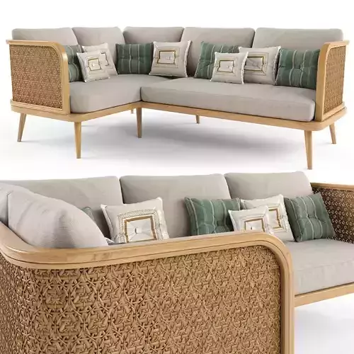 3-seat modular sofa corner outdoor rattan wood 3D model