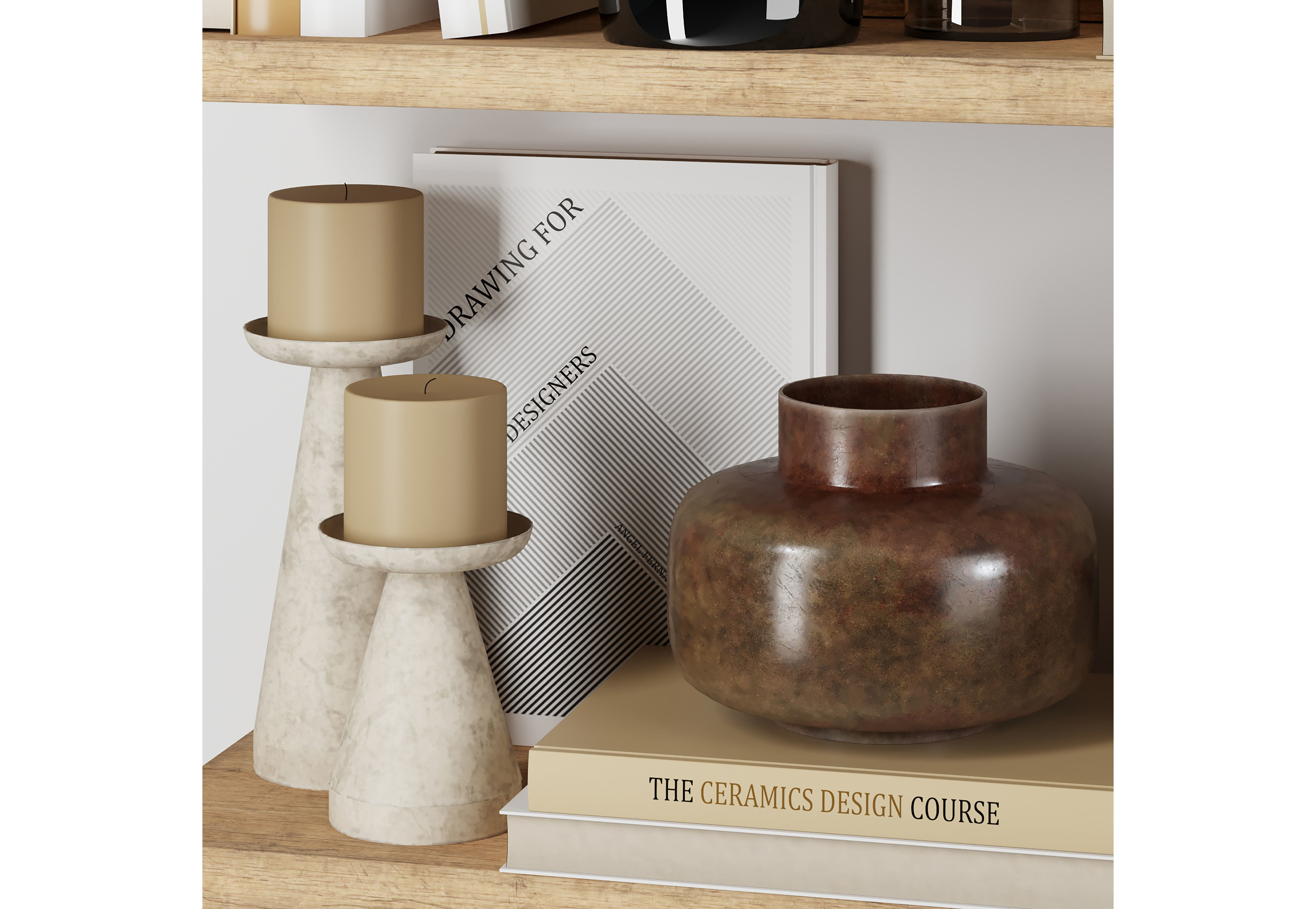 Decorative set 1 vases and books on wooden shelves 3D model_3