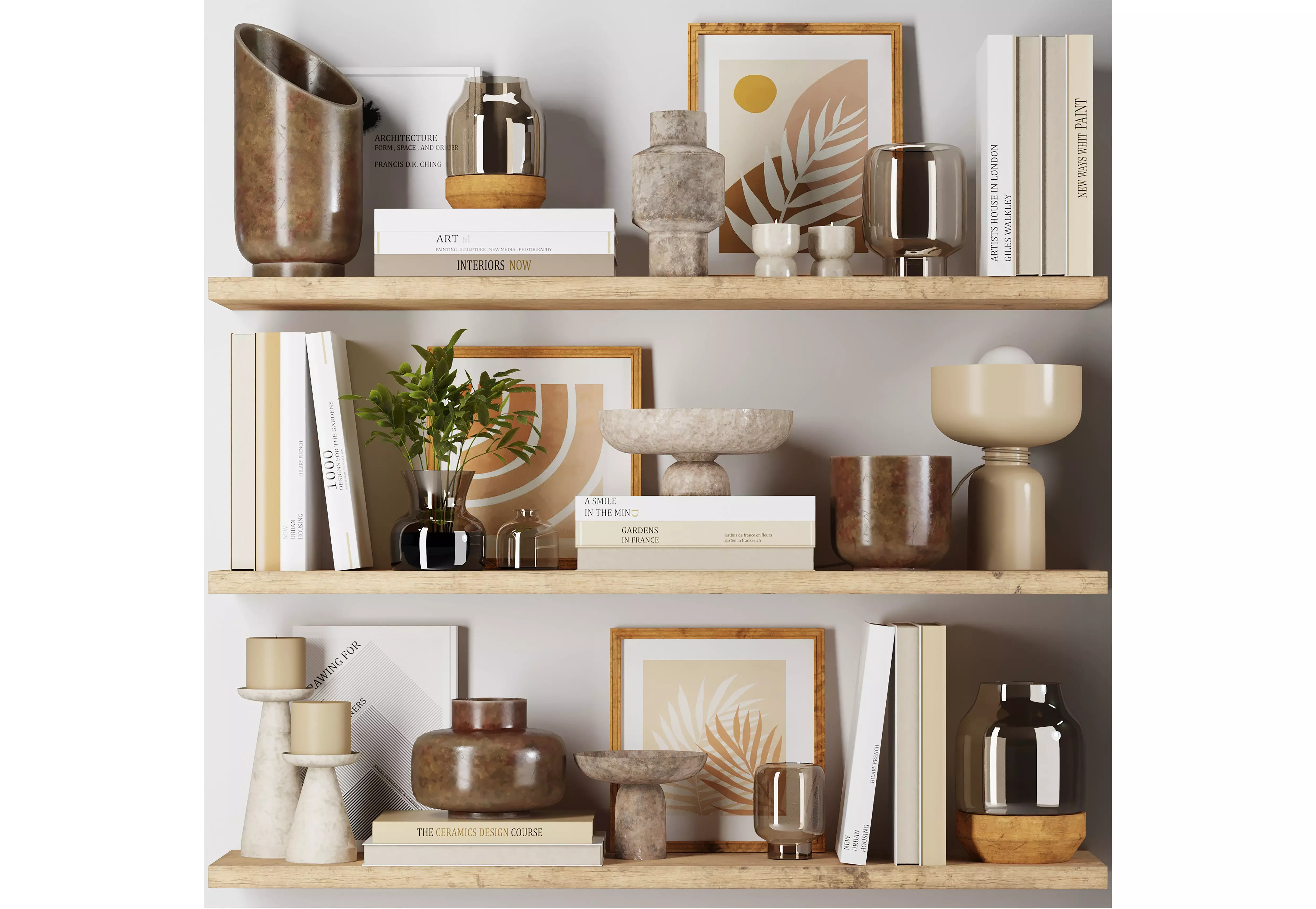 Decorative set 1 vases and books on wooden shelves 3D model_0