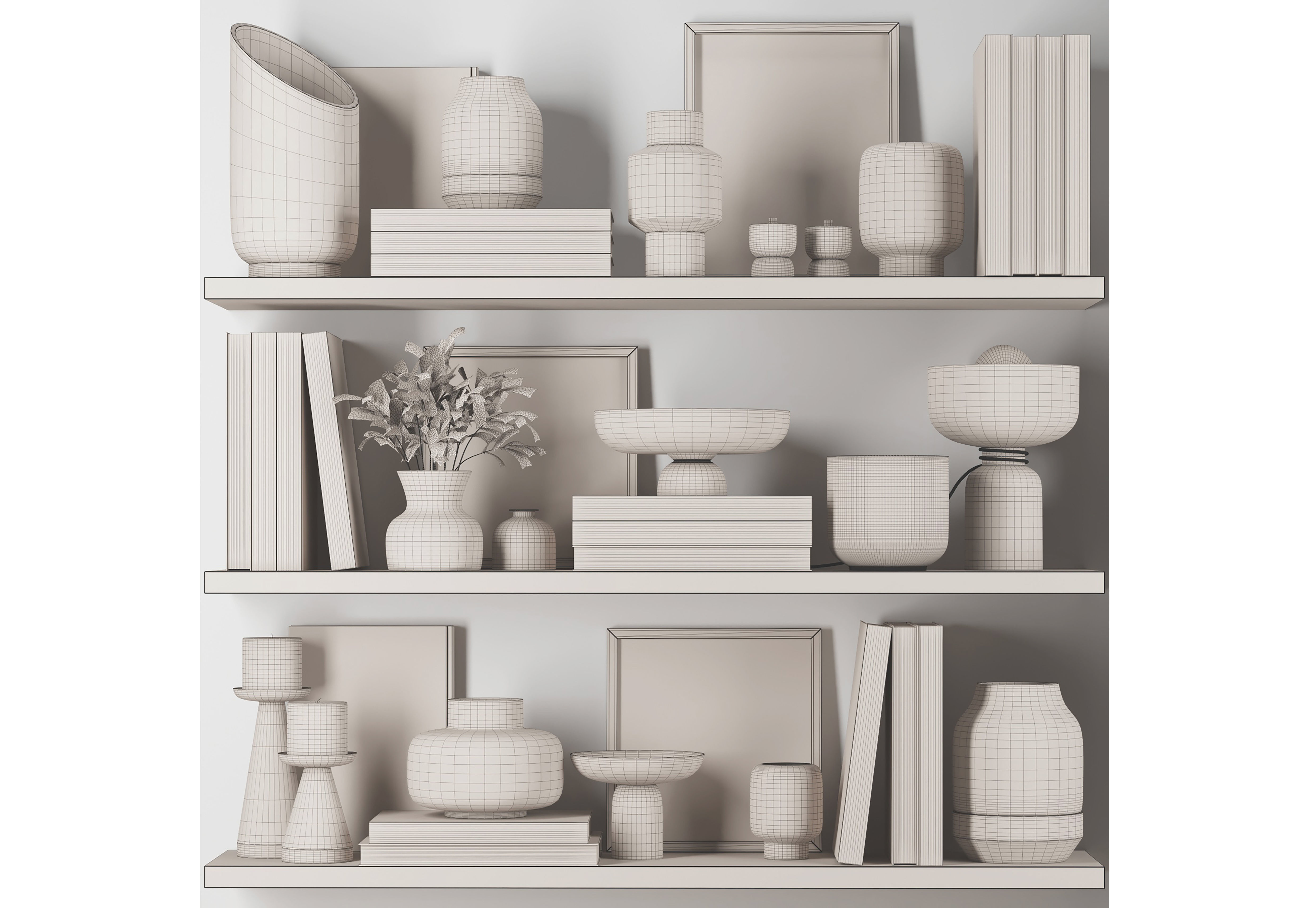 Decorative set 1 vases and books on wooden shelves 3D model_4