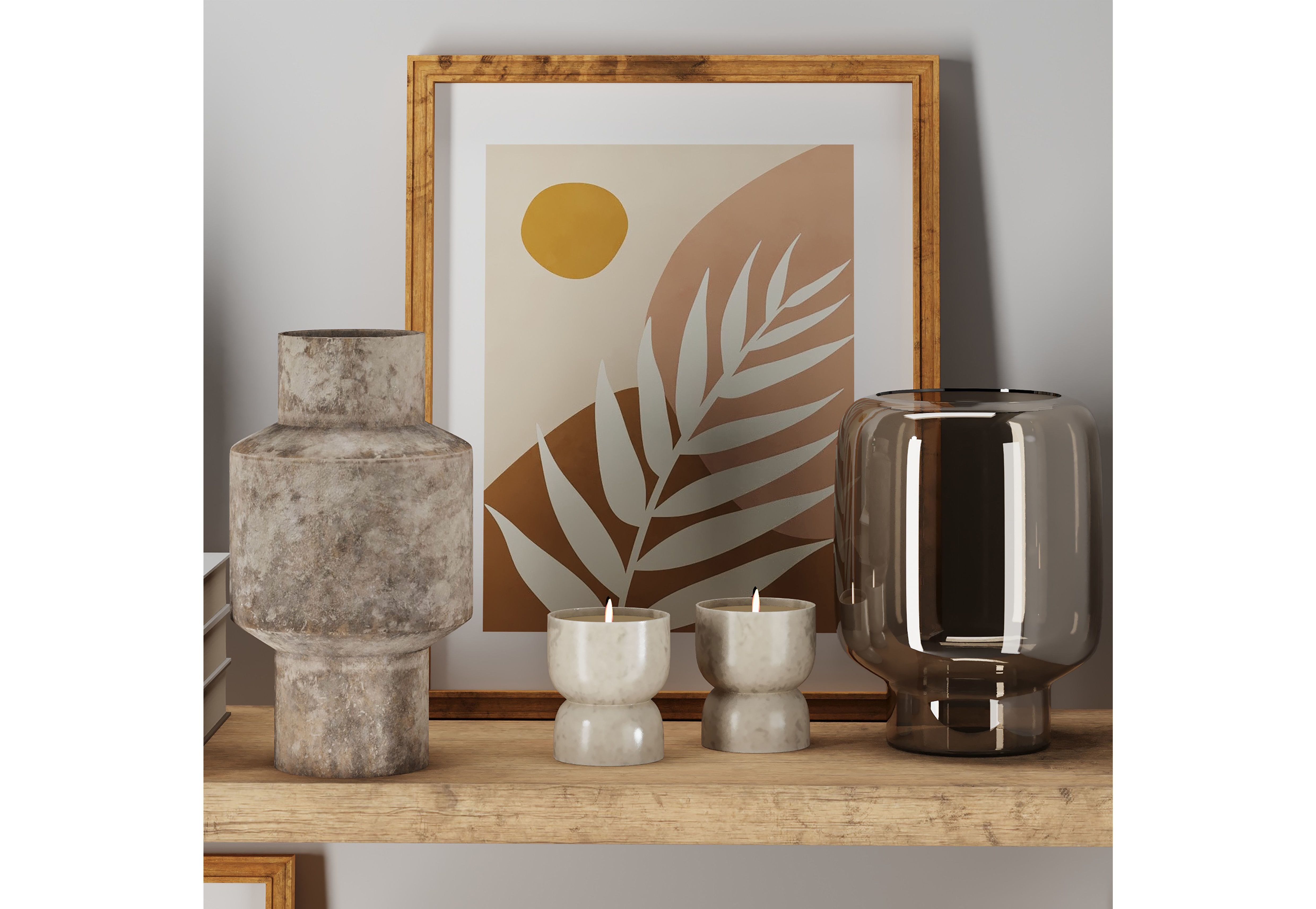 Decorative set 1 vases and books on wooden shelves 3D model_2