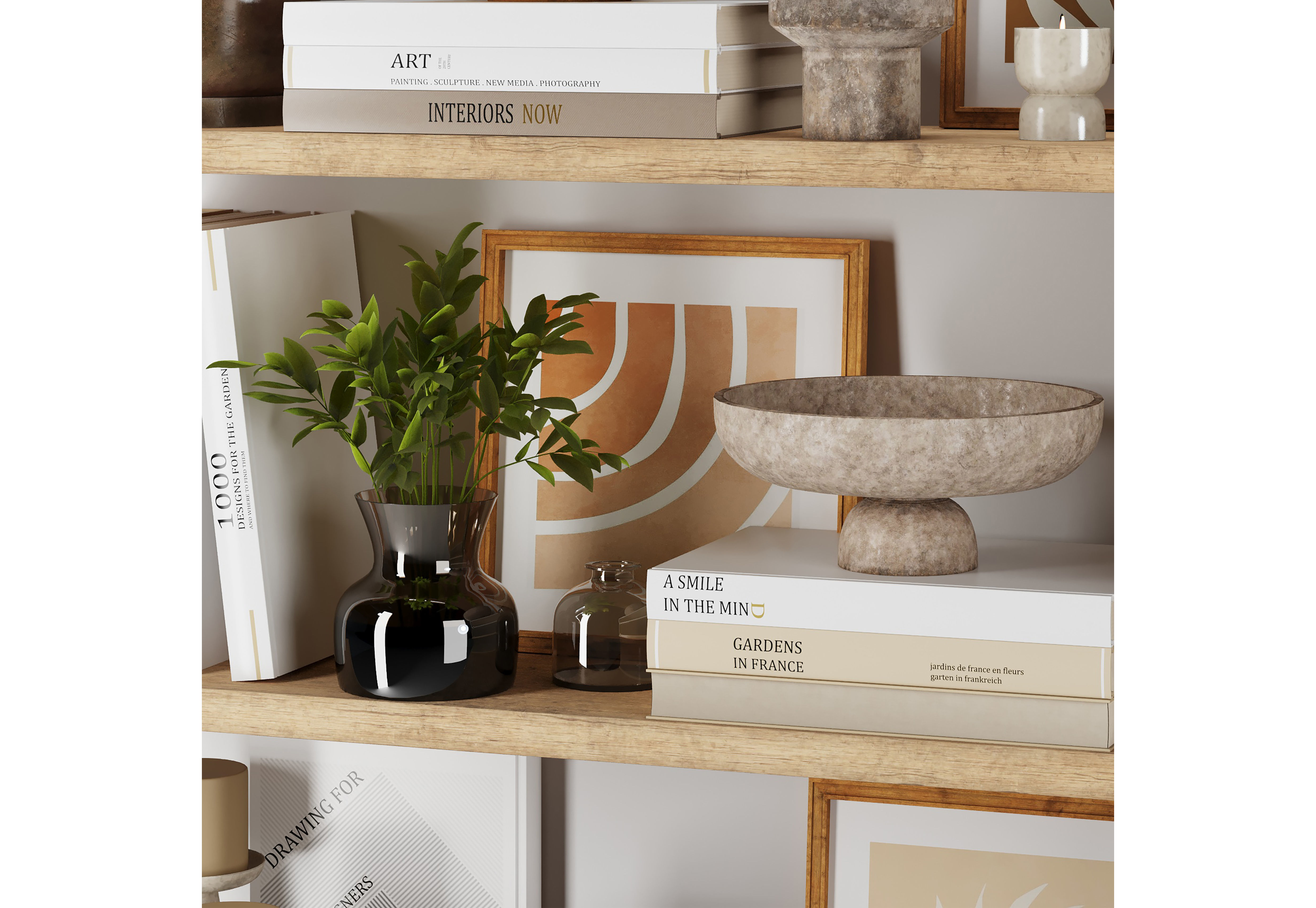 Decorative set 1 vases and books on wooden shelves 3D model_1