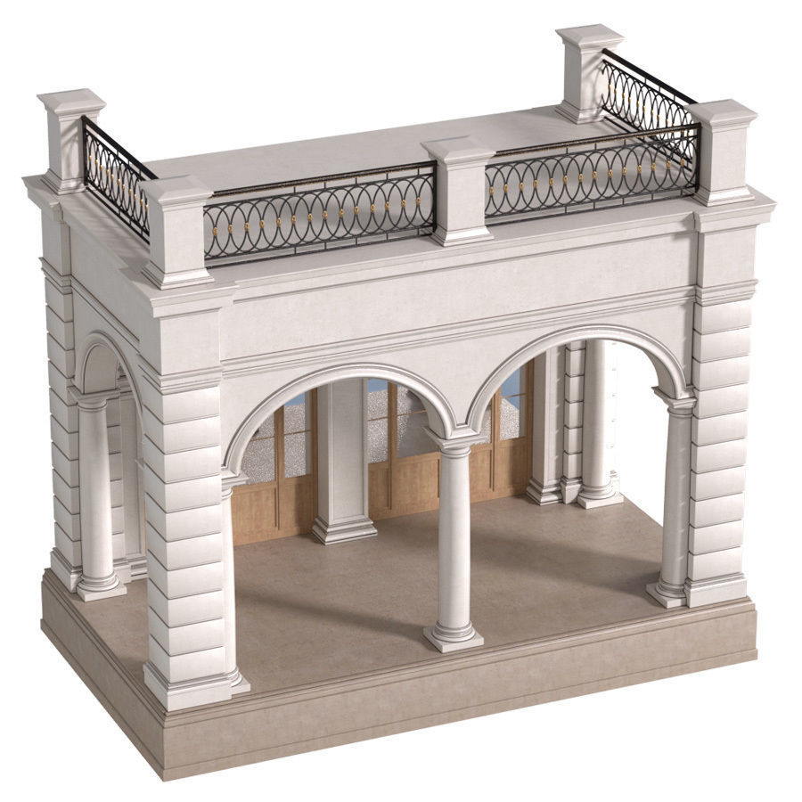 Facade with arched openings and a balcony Arched Entrance 3D model_2