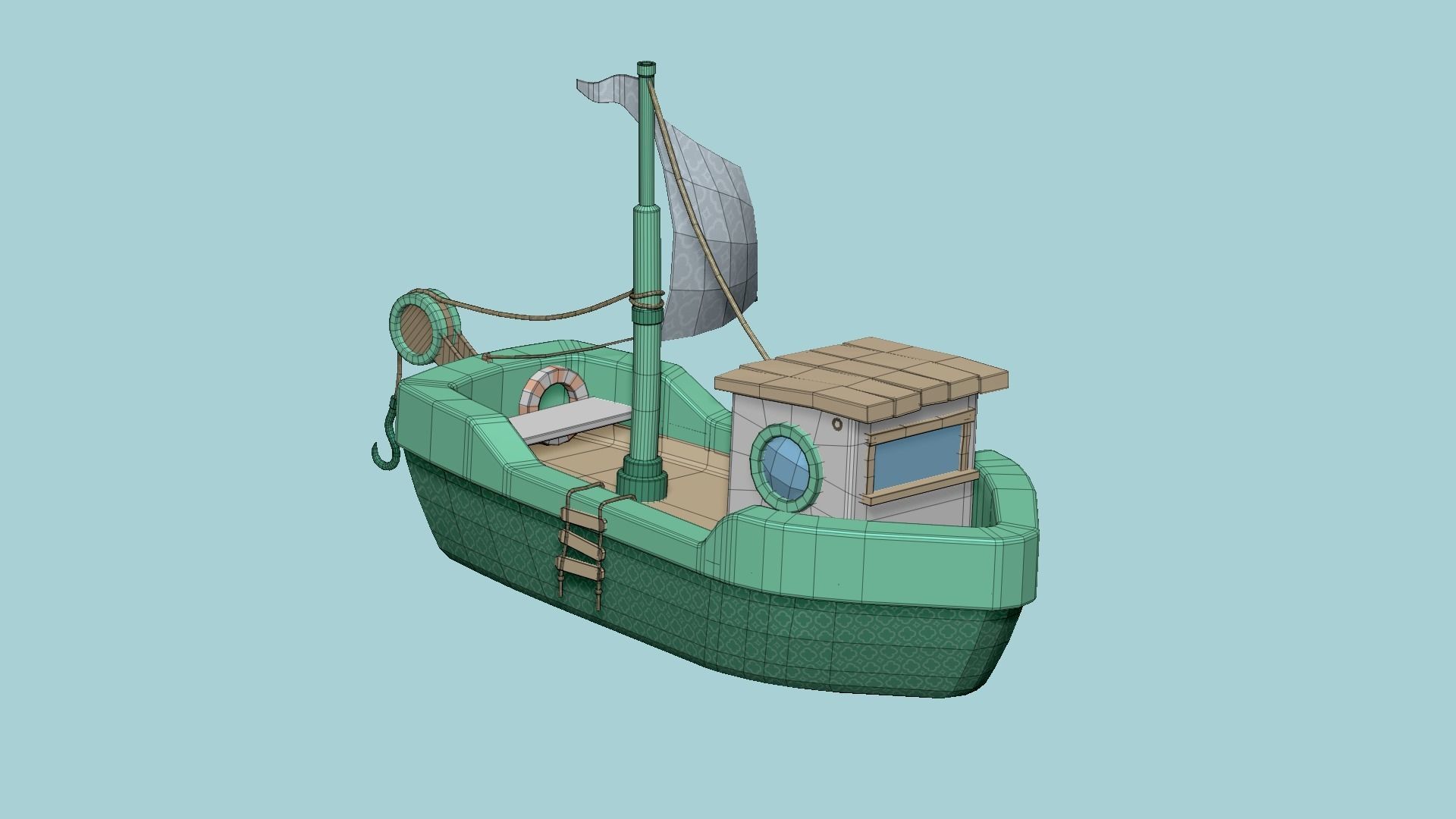 Cartoon Boat 01 - Green - Low Poly Ship Low-poly 3D model_6