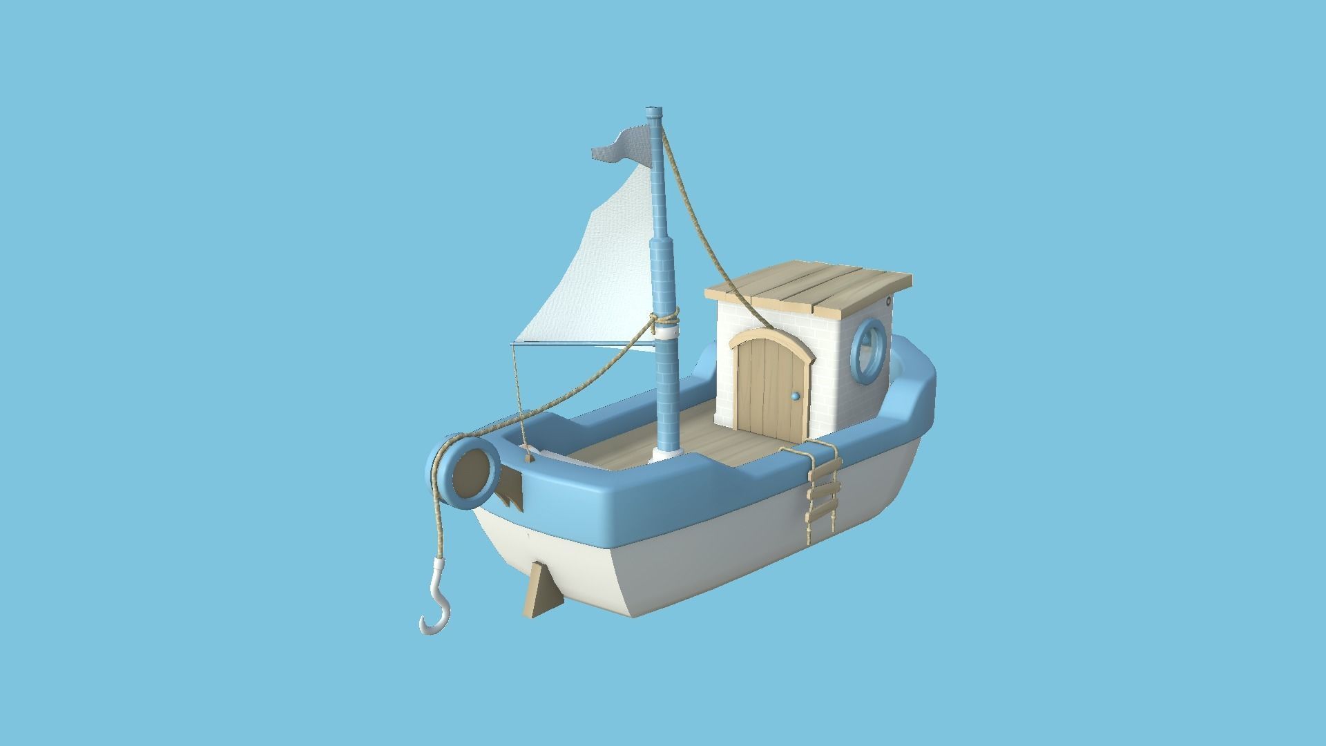 Cartoon Boat 02 - White Blue - Low Poly Ship Low-poly 3D model_2