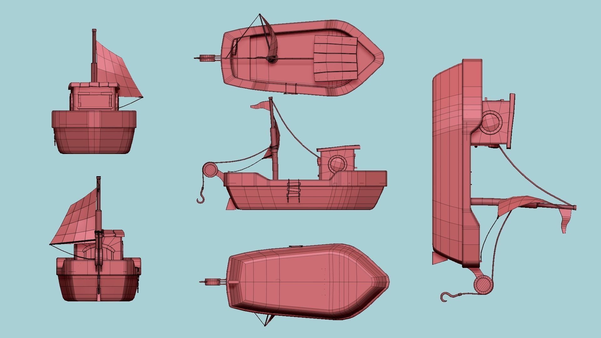 Cartoon Boat 02 - White Blue - Low Poly Ship Low-poly 3D model_10