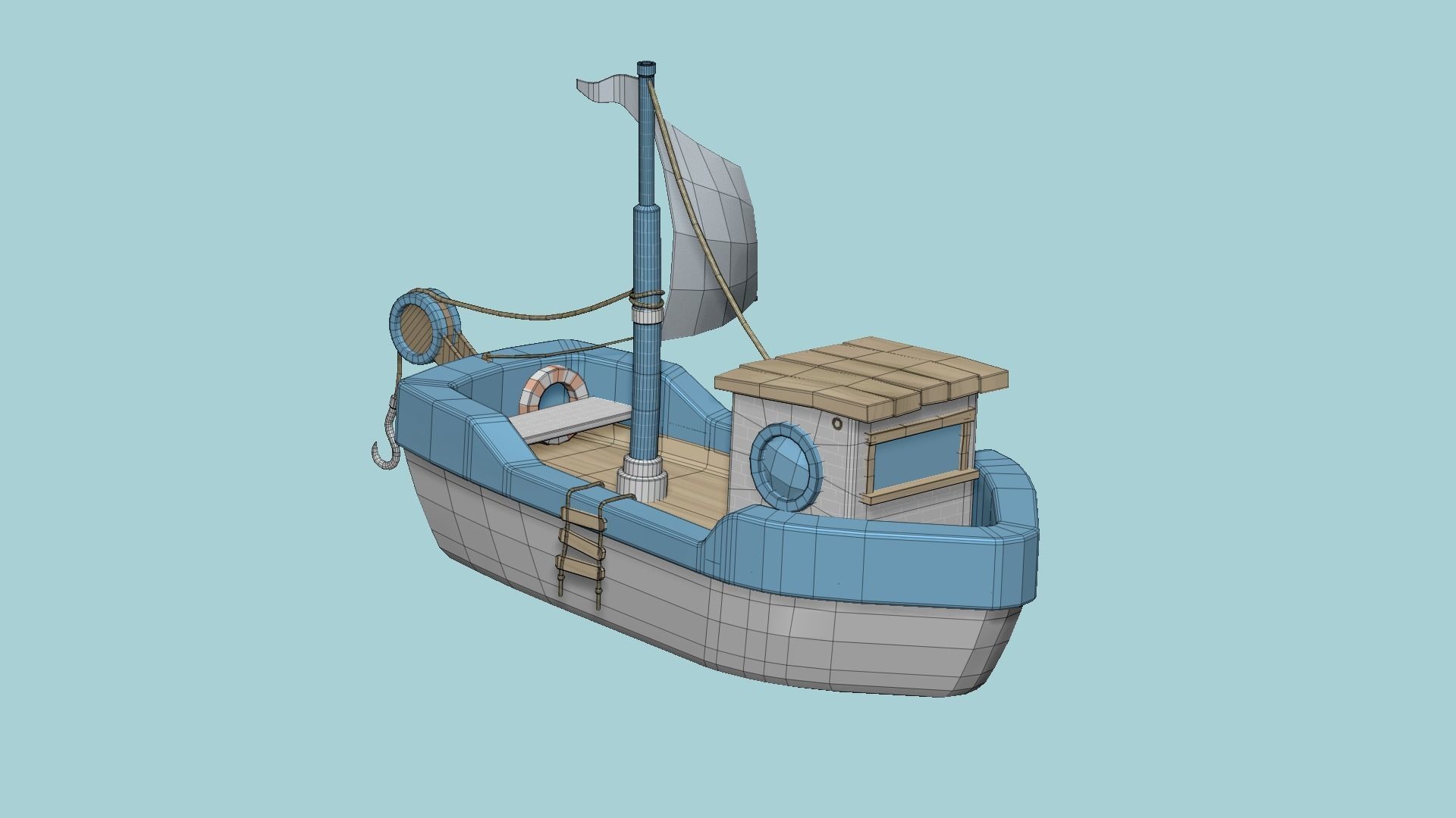 Cartoon Boat 02 - White Blue - Low Poly Ship Low-poly 3D model_6
