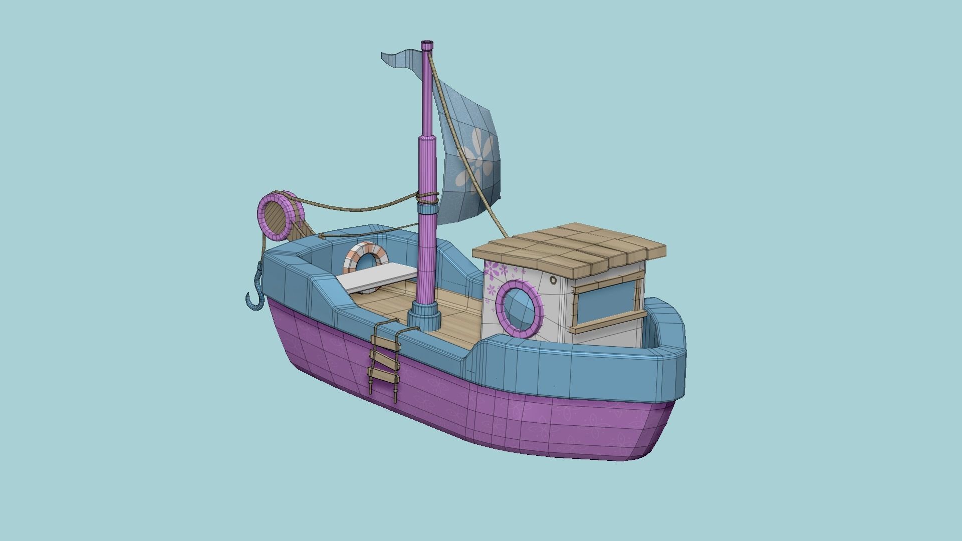 Cartoon Boat 05 - Pink Blue - Low Poly Ship Low-poly 3D model_6