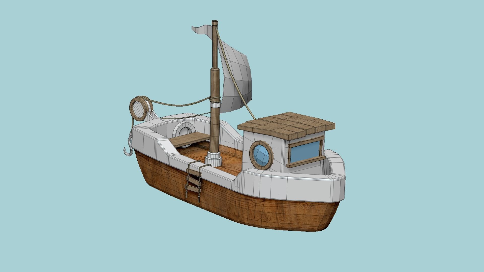 Cartoon Boat 09 - Wood White - Low Poly Ship Low-poly 3D model_6