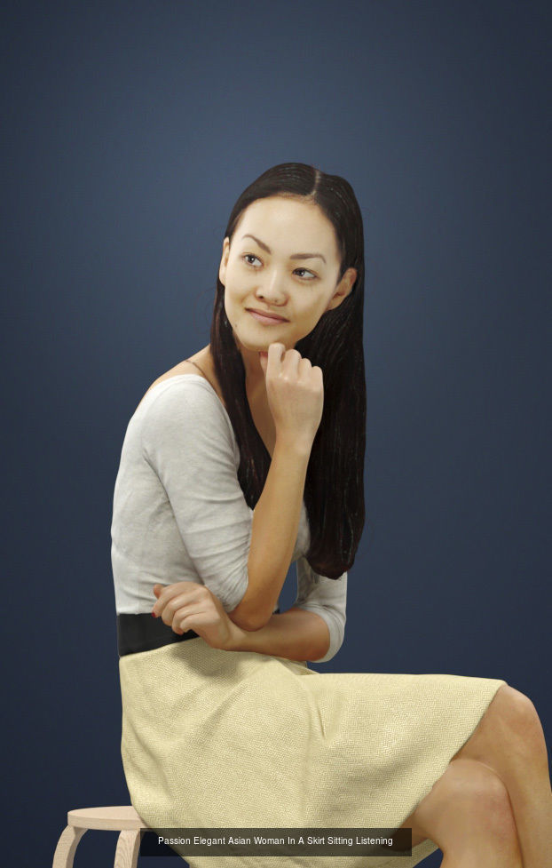 3d crowds and a foreground Passion casual sitting asian woman 3D Model Collection_1