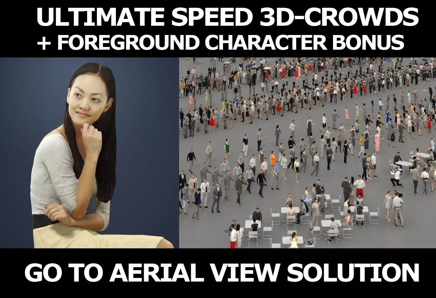 3d crowds and a foreground Passion casual sitting asian woman 3D Model Collection_0