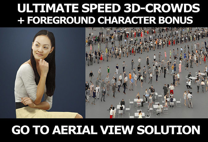3d crowds and a foreground Passion casual sitting asian woman 3D Model Collection