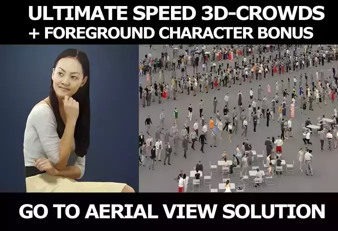 3d crowds and a foreground Passion casual sitting asian woman 3D Model Collection