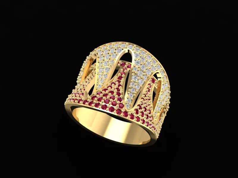 Luxury Iced Out Crown Men Ring with Ruby and Diamond Stones 1482 3D print model