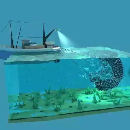 Lowpoly Boot boat in water with fishing net