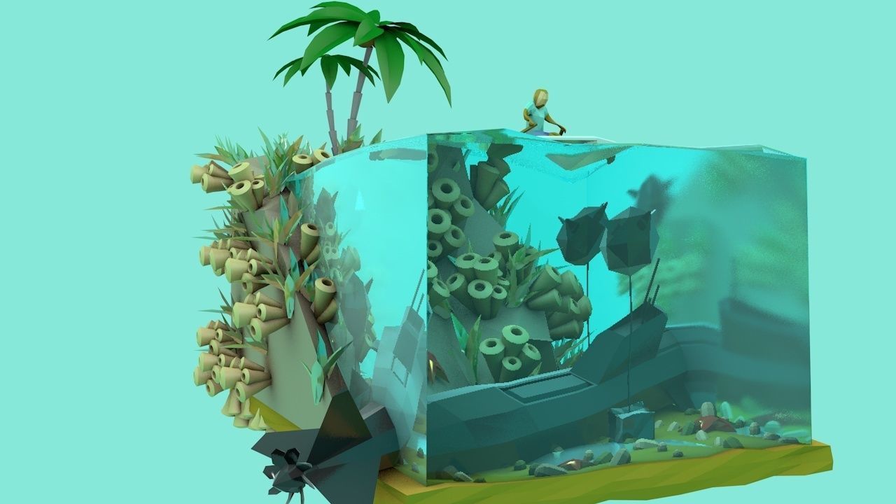 Lowpoly Submarine fish tank with boat and palm trees Low-poly 3D model_1