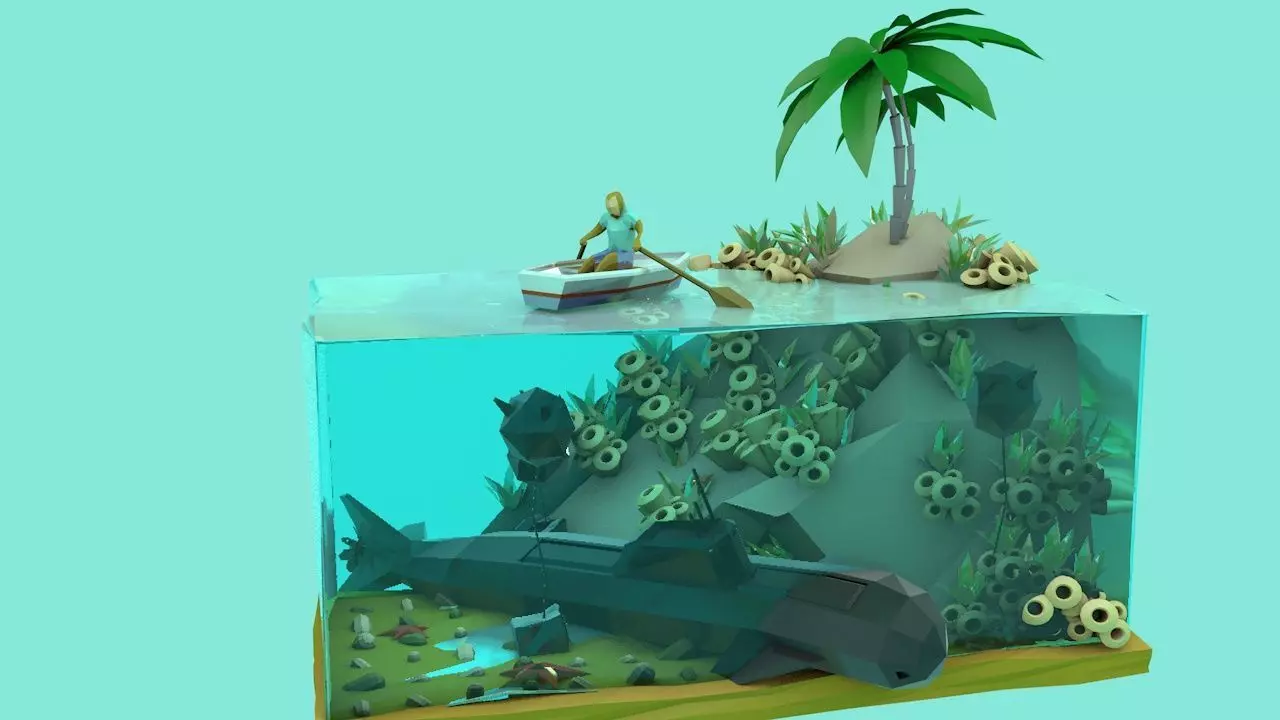 Lowpoly Submarine fish tank with boat and palm trees Low-poly 3D model_0
