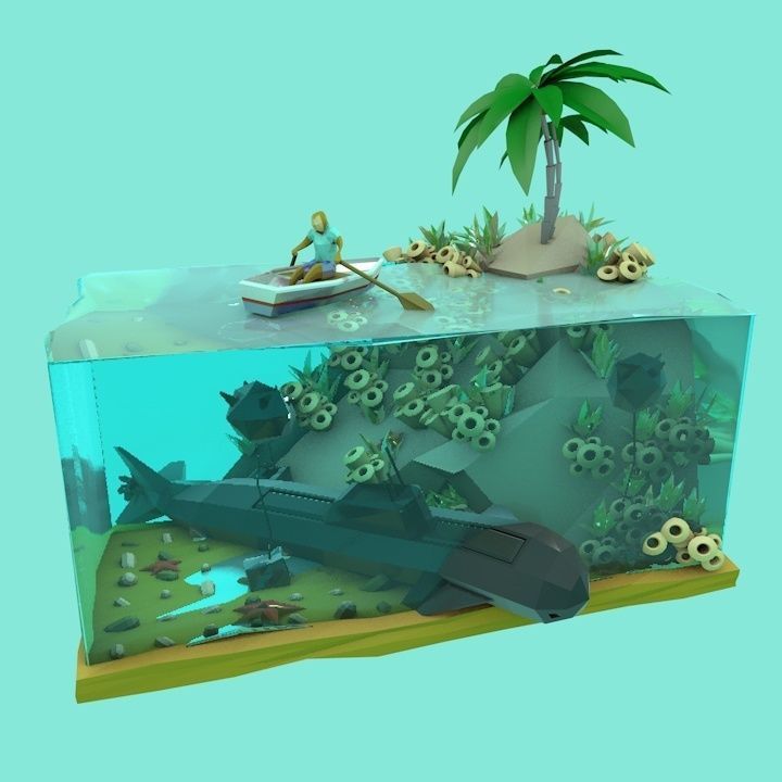 Lowpoly Submarine fish tank with boat and palm trees Low-poly 3D model_3