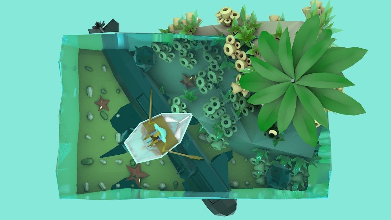 Lowpoly Submarine fish tank with boat and palm trees Low-poly 3D model_2