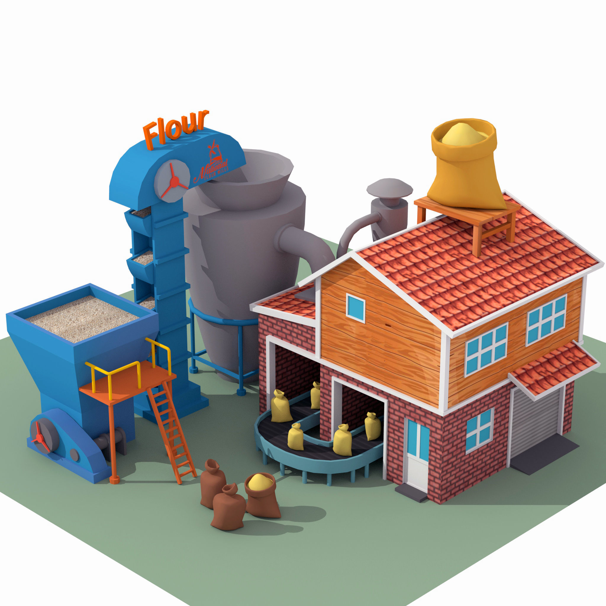 Lowpoly Flour Factory for game Free low-poly 3D model_1