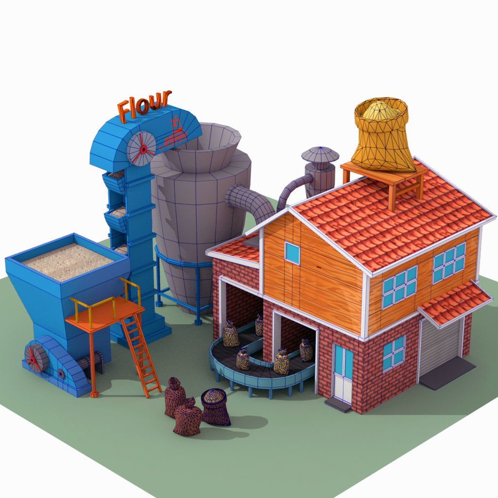 Lowpoly Flour Factory for game Free low-poly 3D model_4