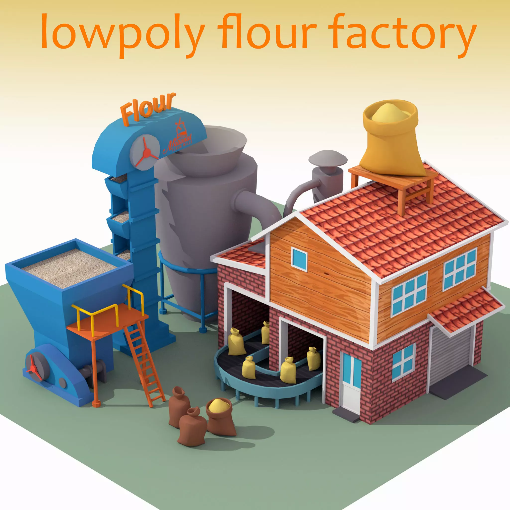 Lowpoly Flour Factory for game Free low-poly 3D model_0