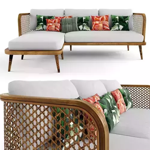 3-seat modular sofa outdoor rattan wood With Chair Lounge 3D model