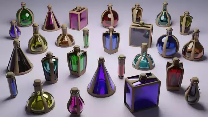 Low Poly Potions set of colored glass bottles