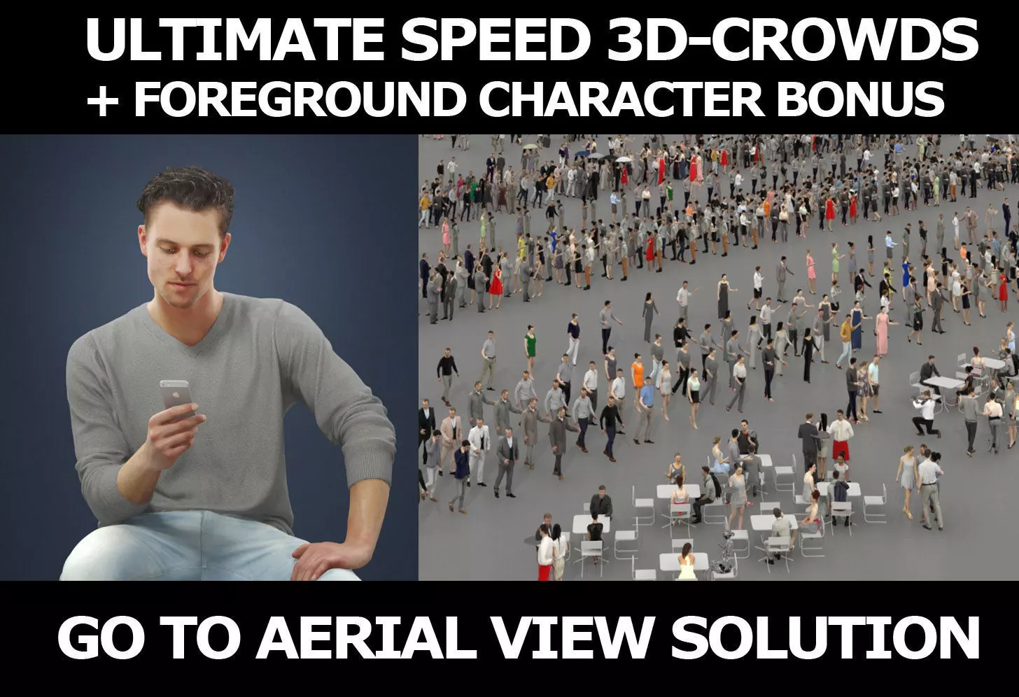 3d crowds and a foreground Virtue phone casual sitting man 3D Model Collection_0