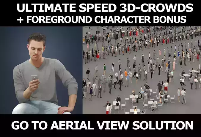 3d crowds and a foreground Virtue phone casual sitting man 3D Model Collection