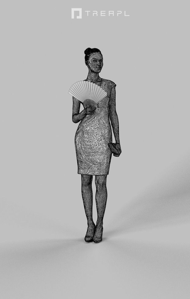 3d crowds and a foreground Beauty with a fan elegant woman 3D Model Collection_16