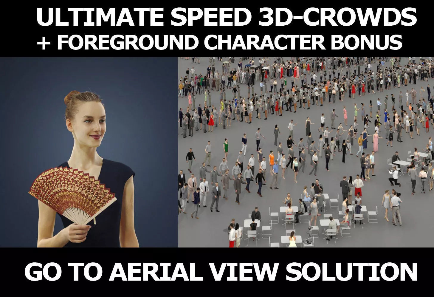 3d crowds and a foreground Beauty with a fan elegant woman 3D Model Collection_0