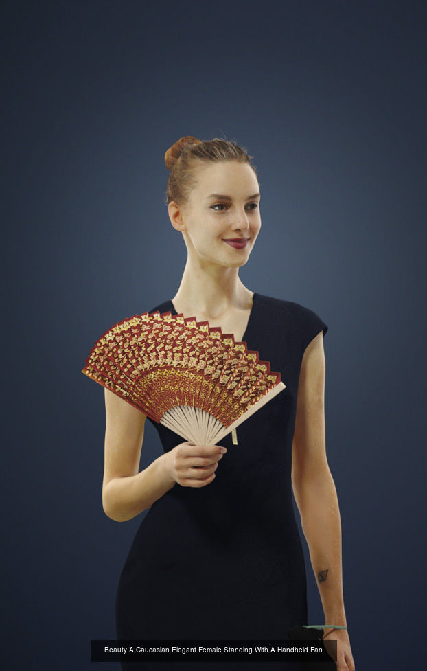 3d crowds and a foreground Beauty with a fan elegant woman 3D Model Collection_1