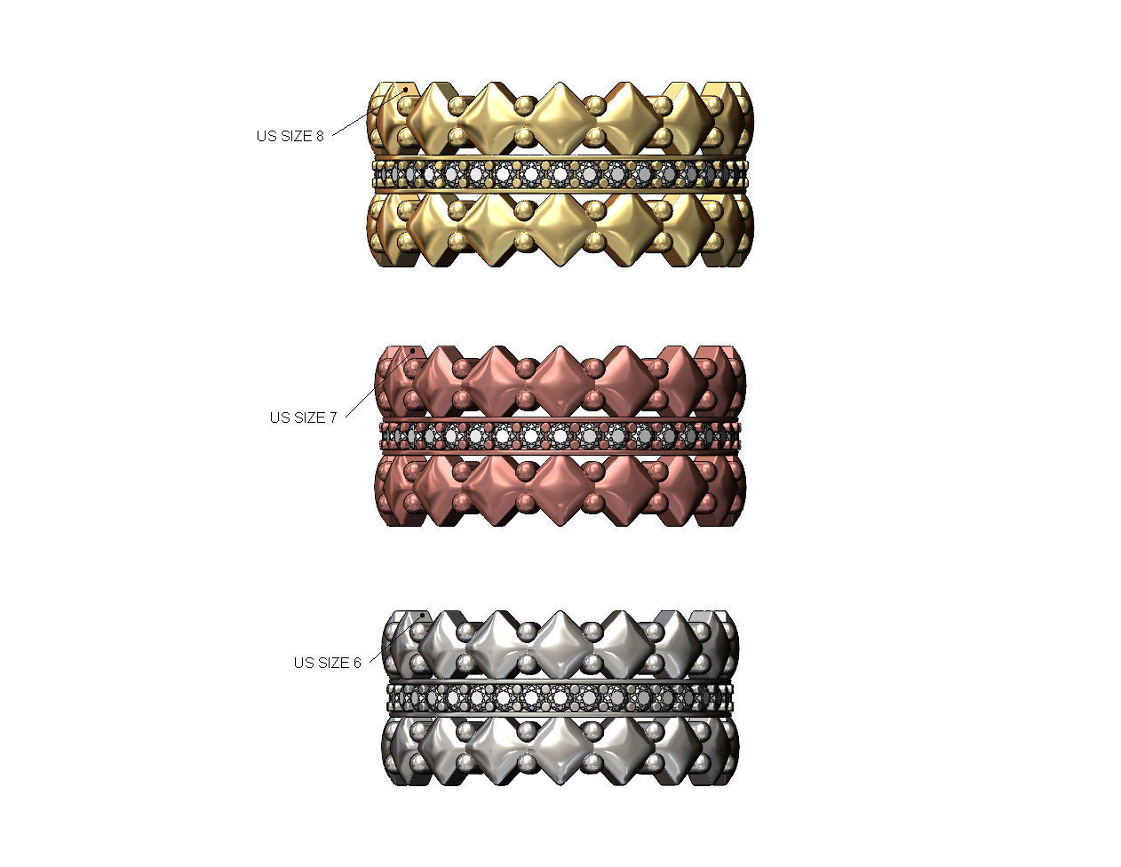 Diamond rounded square and beads fashion band US sizes 6 7 8  3D print model_1