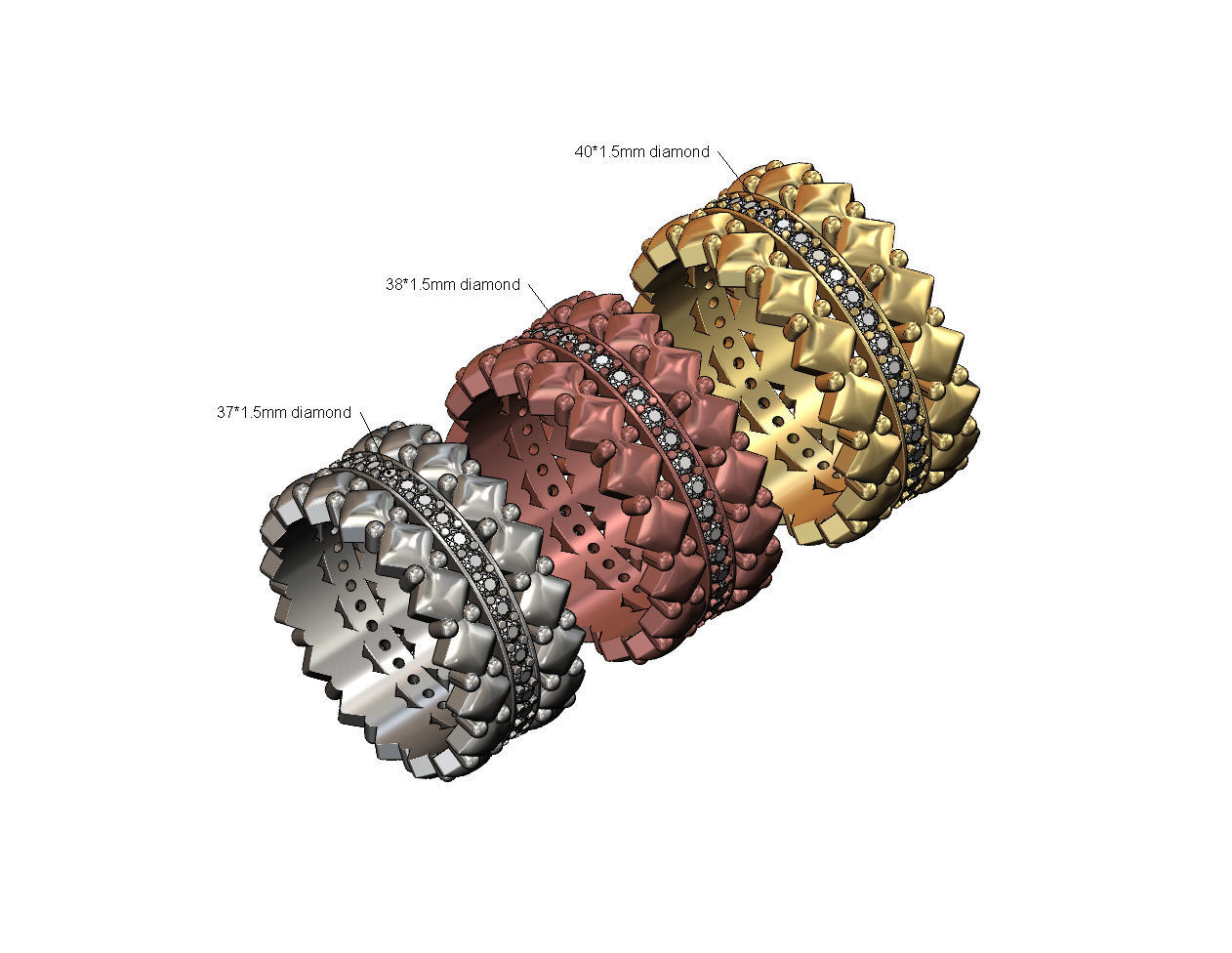 Diamond rounded square and beads fashion band US sizes 6 7 8  3D print model_2