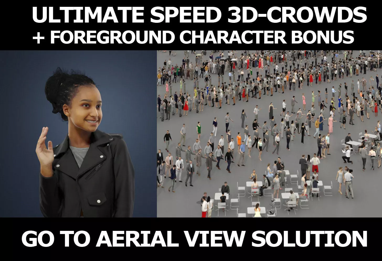 3d crowds and May foreground leather jacket waving african woman 3D Model Collection_0