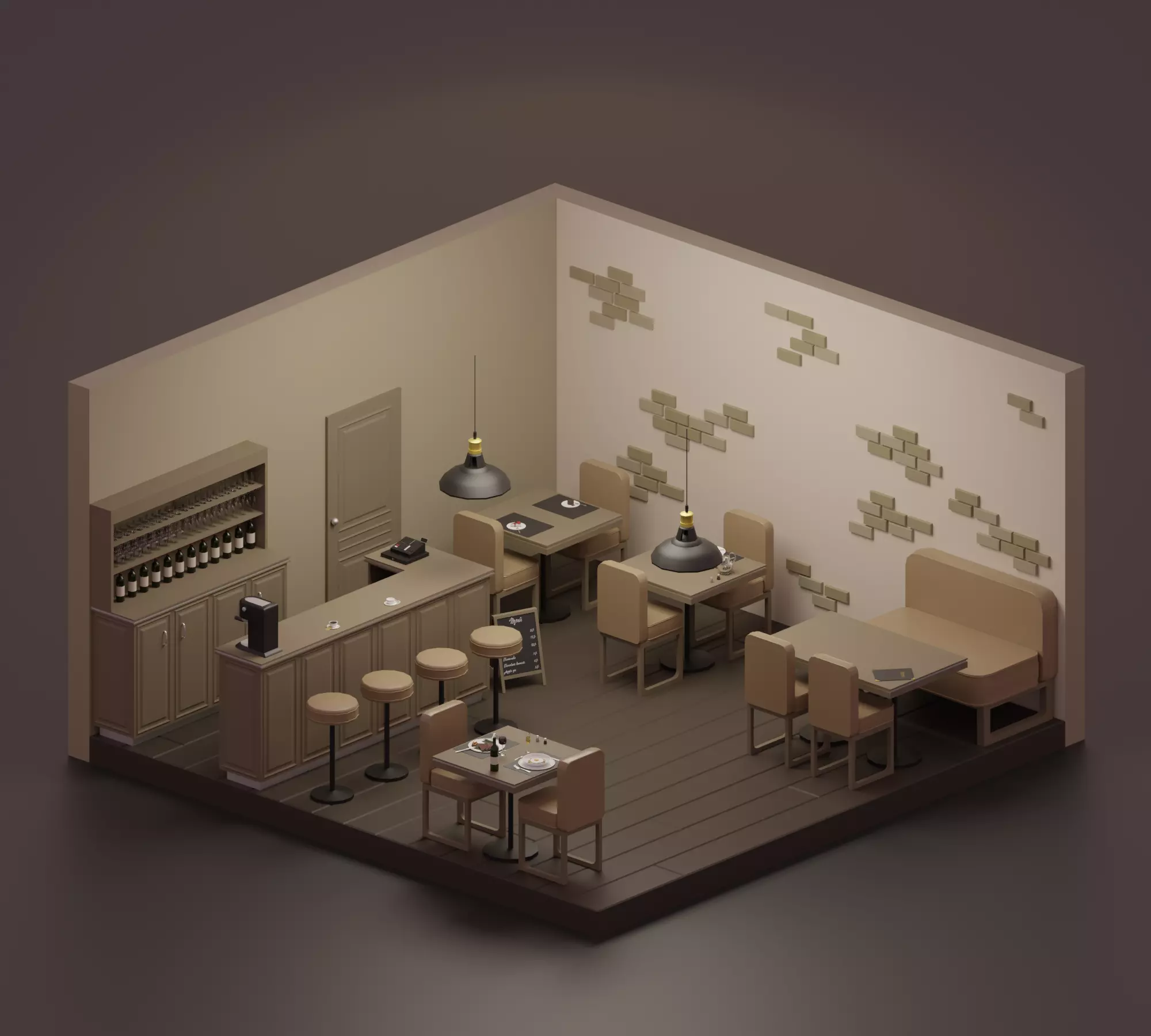Restaurant - Bistro Low-poly 3D model_0