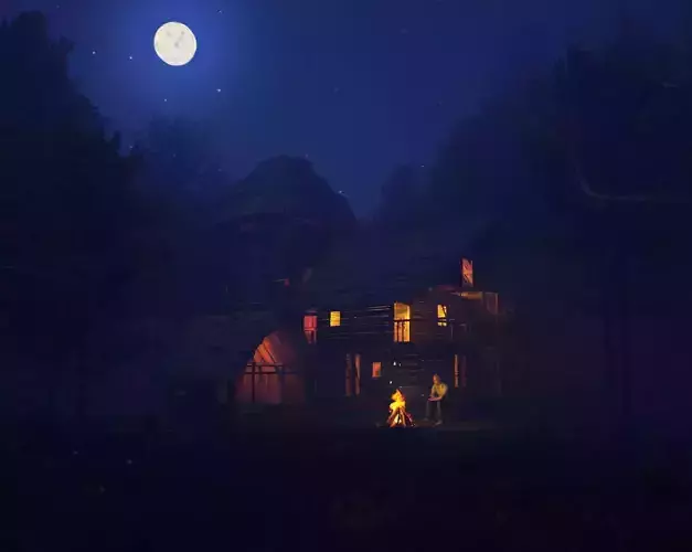 Night Forest Cottage Scene 3D model