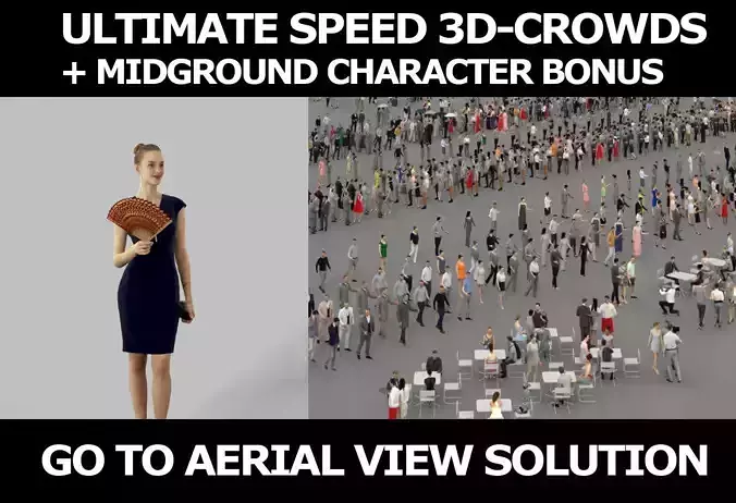 3d crowds and Beauty fan a midground standing elegant woman 3D Model Collection
