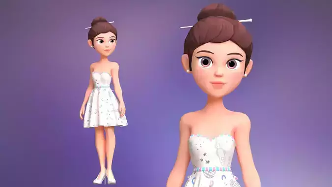 Cartoon Girl Character White Dress