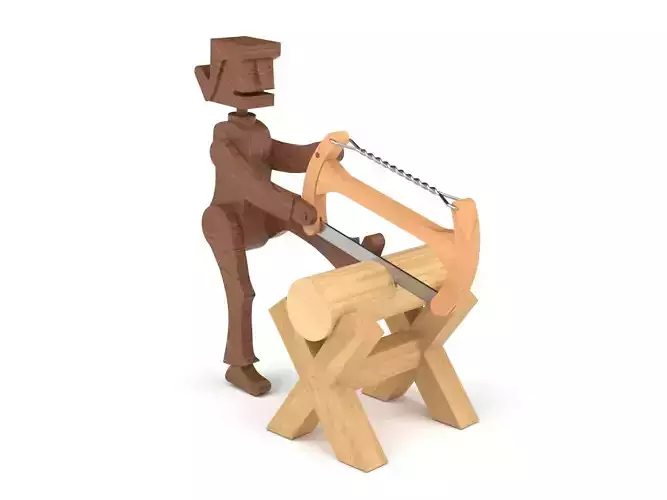 Wooden toy man sawing log