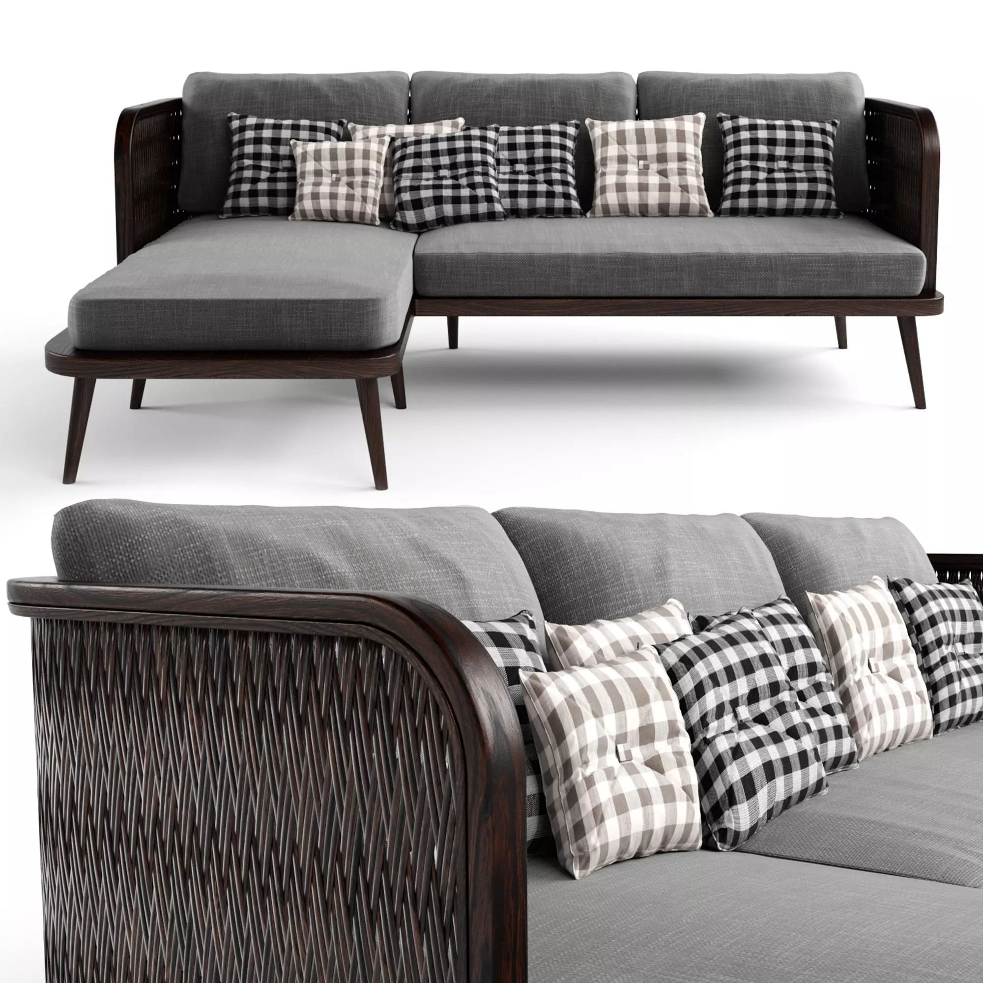 3-seat modular sofa outdoor rattan wood With Chair Lounge 3D model_0