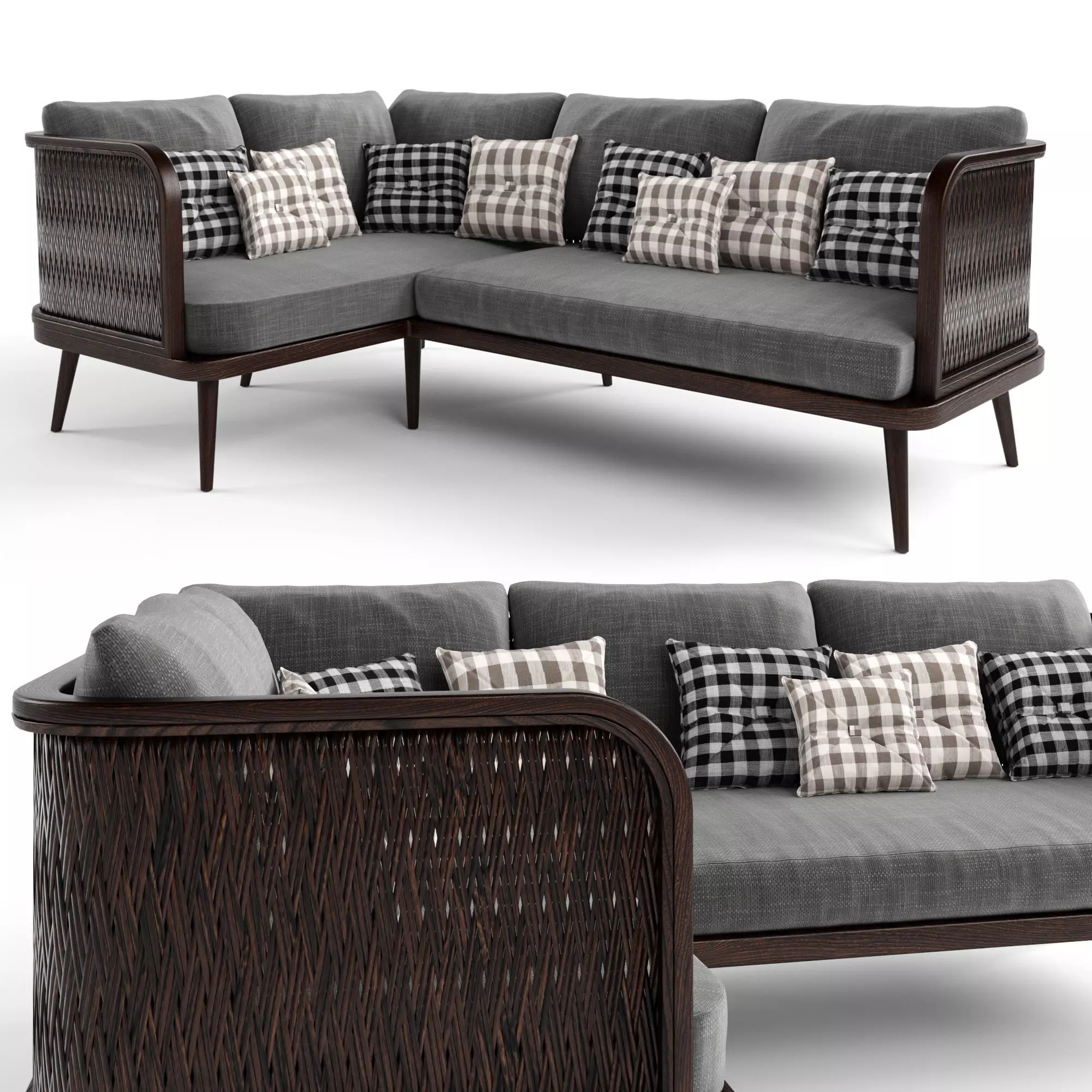 3-seat modular sofa corner outdoor rattan wood 3D model_0